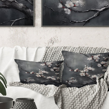 Cherry Blossoms White On 20 Shades Of Grey - Cherry Throw Pillow